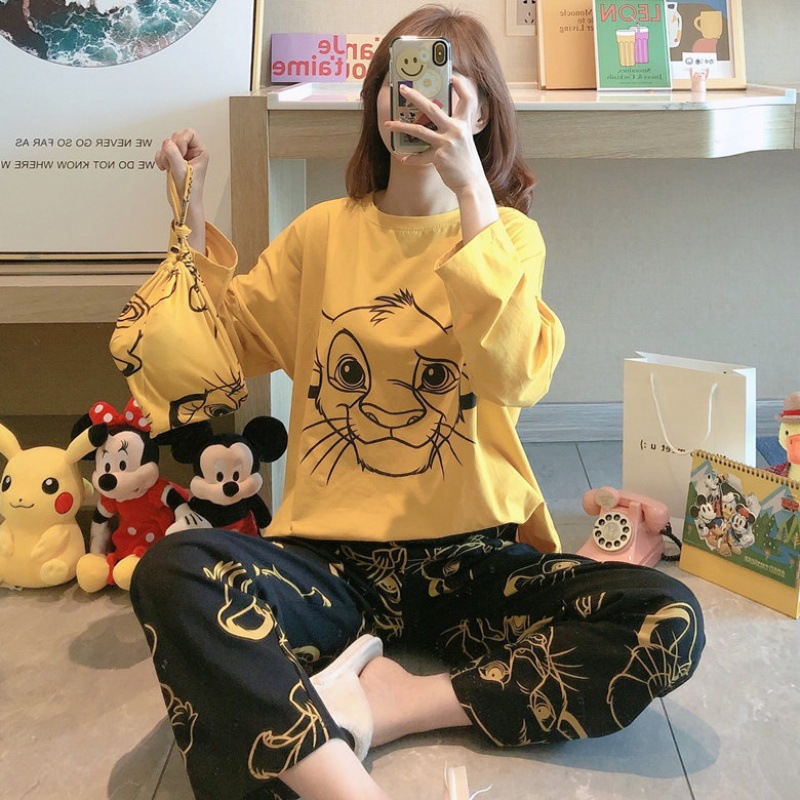 Conjuntos de pijamas femininos primavera outono duas peças bonito impressão pijama manga longa roupas para casa de duas peças