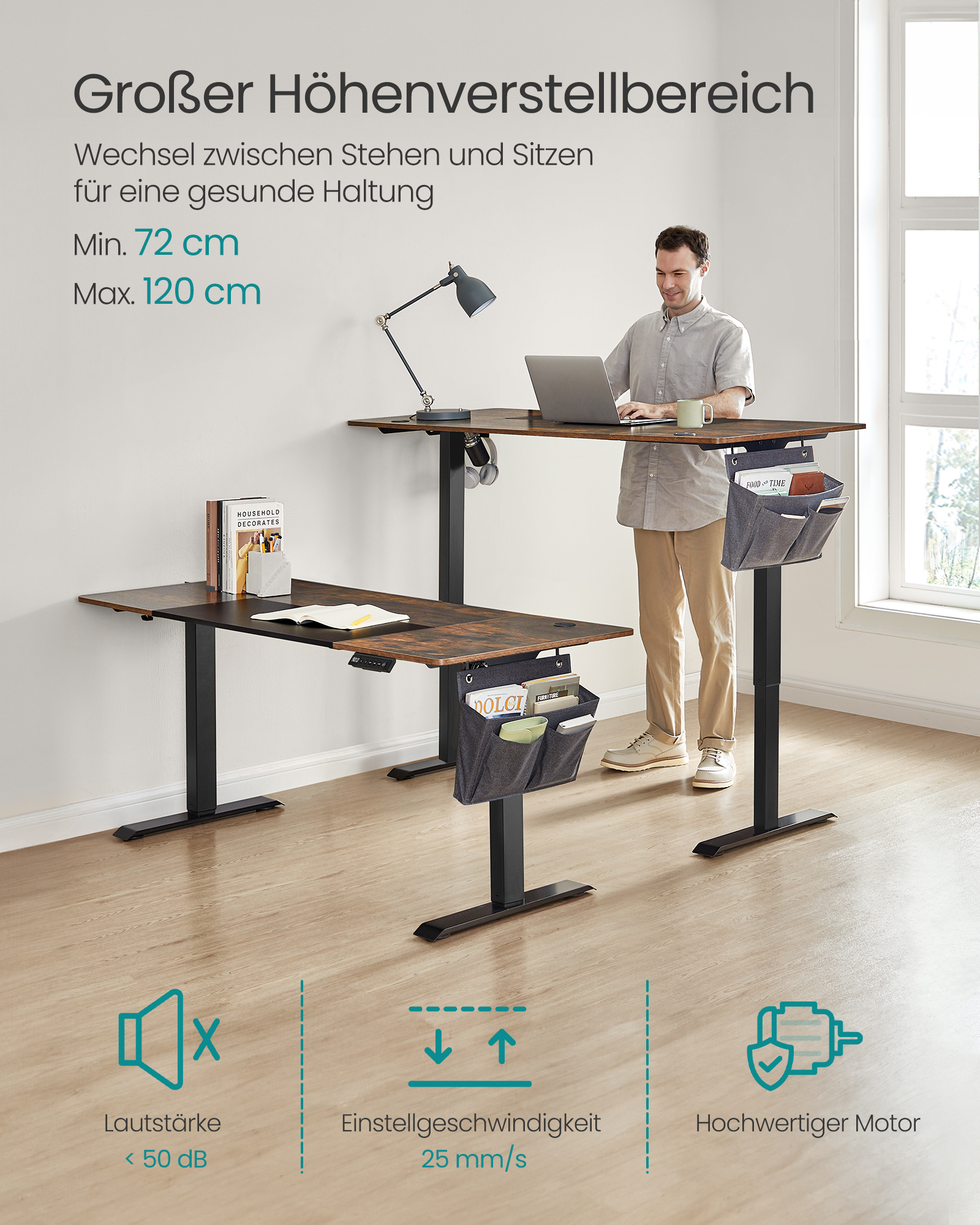 SONGMICS In hoogte verstelbaar bureau elektrisch, 70x160 x (72-120) cm, continu verstelbaar, gesplitste plaat