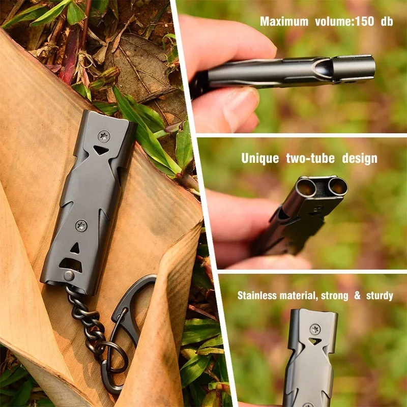 Outdoor EDC Überleben Pfeife Hohe Dezibel Doppel Rohr Pfeife Edelstahl Legierung Schlüsselbund Cheerleading Notfall Multi Tool