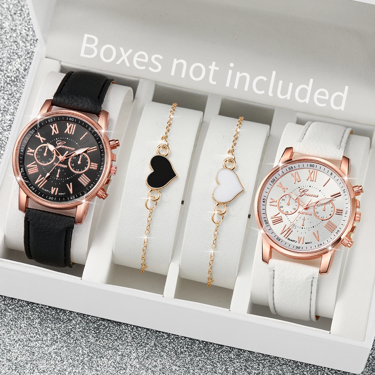 4 ชิ้น/เซ็ตคู่นาฬิกาแฟชั่น Roma Dial ผู้หญิงควอตซ์นาฬิกาหนัง Band นาฬิกาข้อมือสร้อยข้อมือหัวใจชุด (ไม่มีกล่อง)