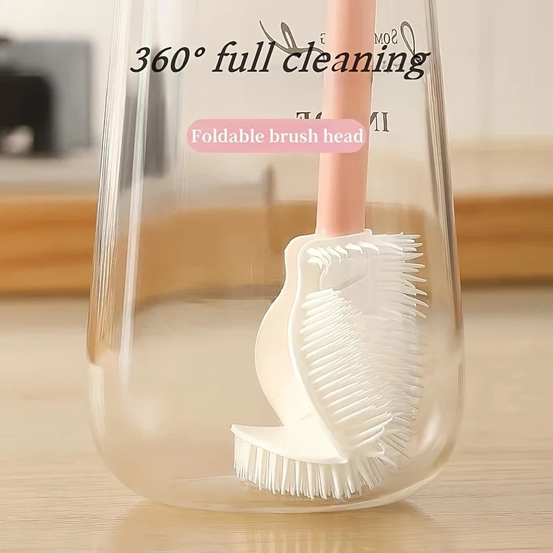 Cepillo de silicona de limpieza integral plegable de 360 grados con diseño de mango largo, reutilizable para botellas y tazas