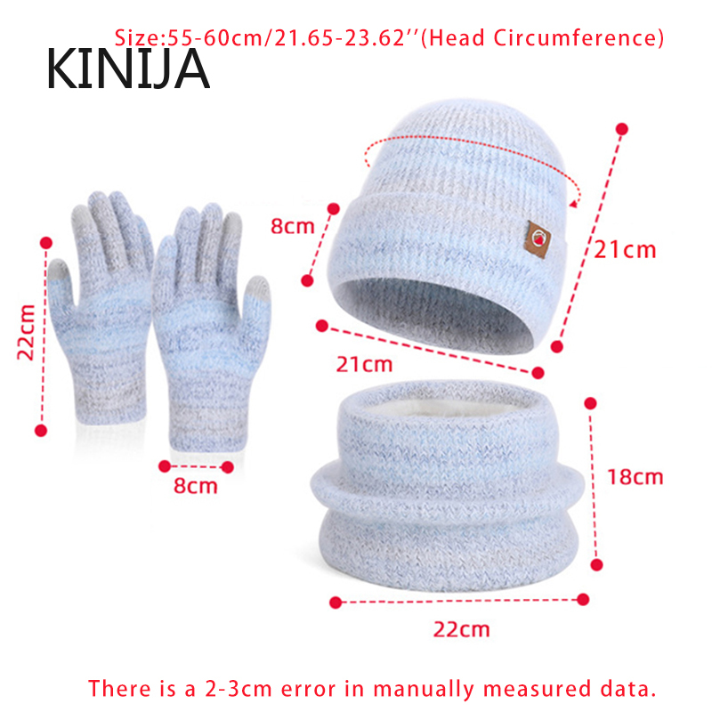 Winter Cap Gloves Scarf Set Women GradientColor Knitted Hat Thickened Fleece Lining Skullcap Outdoor Cycling Windproof Beanies