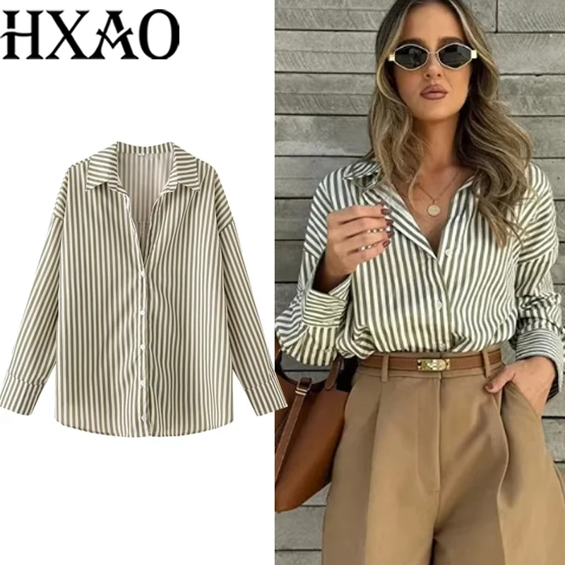 Hxao 2025 camisas blusas nova camisa longa listrada feminina manga longa camisas casuais grandes topos verão simples botão acima camisas 088