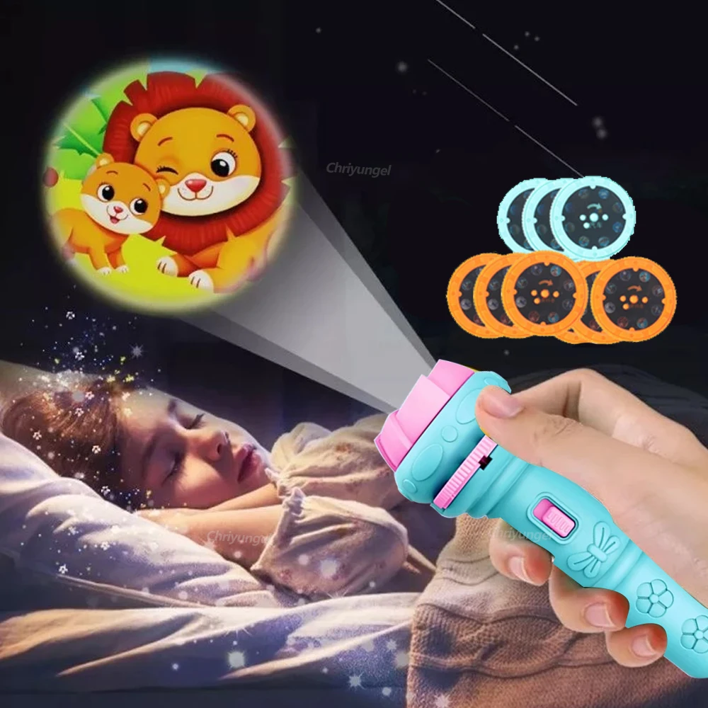 Linterna proyector para niños con 10 tarjetas, 80 imágenes, proyector de luz nocturna de dibujos animados, juguete para niños, cuento para dormir, regalo educativo