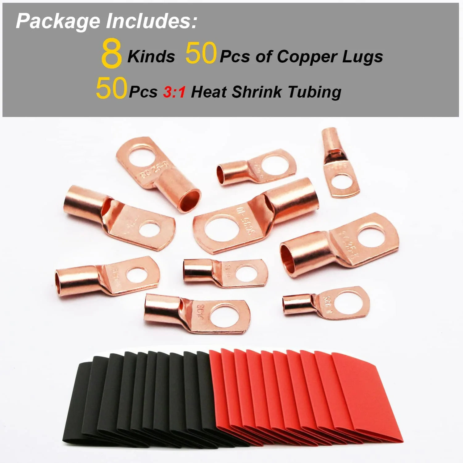 100pcs Copper Terminal Connectors, AWG 4 6 8 10 12 Ring Lug Kit With Shrink Tubing 50 Battery Cable Lugs, With 50 Shrink Tubing