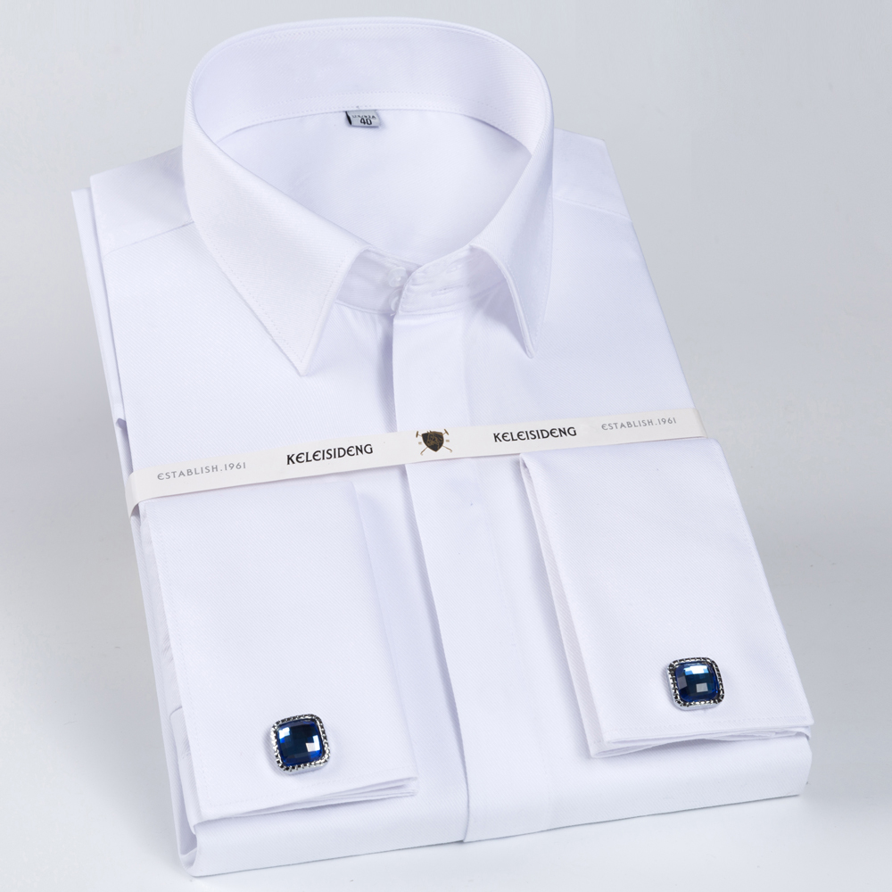 Männer der Versteckte Tasten Französisch Manschette Kleid Hemd Tasche-weniger Design Klassische Volle Hülse Standard-fit Bankett Hochzeit weiß Shirts