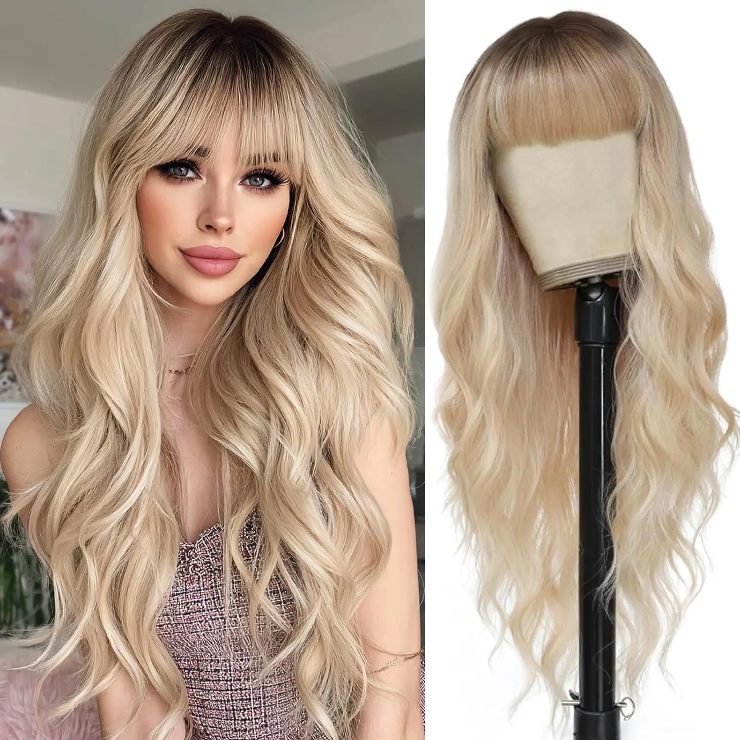 Ombre Blonde Perücke mit Pony, lange gewellte Perücke, platinblonde Perücken für Frauen mit dunklen Wurzeln, natürliche synthetische Perücken, lockiges Haar