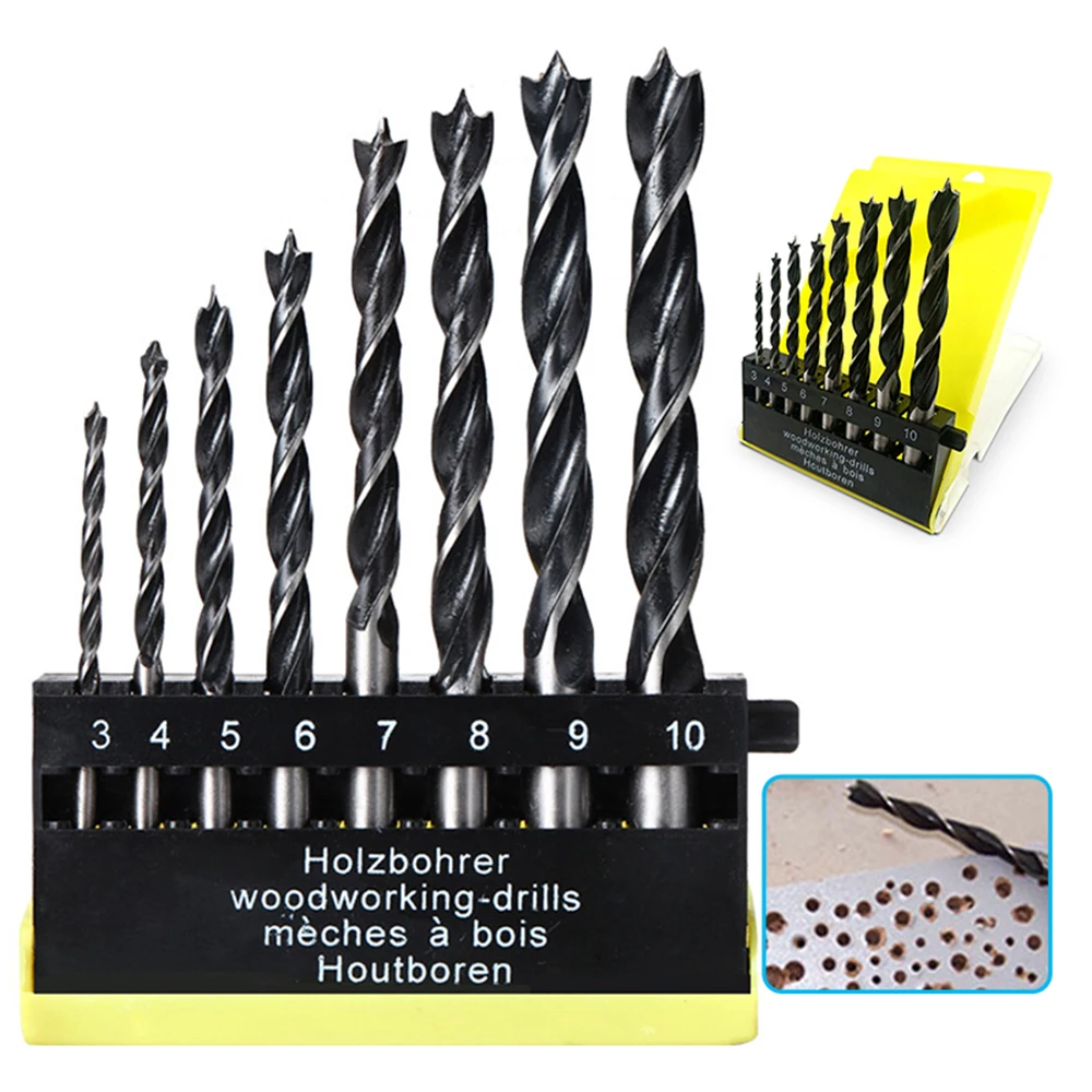 8 piezas de taladro de carpintería de tres puntas de 3-10mm, taladro de rama de CC, broca eléctrica de perforación, herramienta de taladro helicoidal, juego de caja de plástico