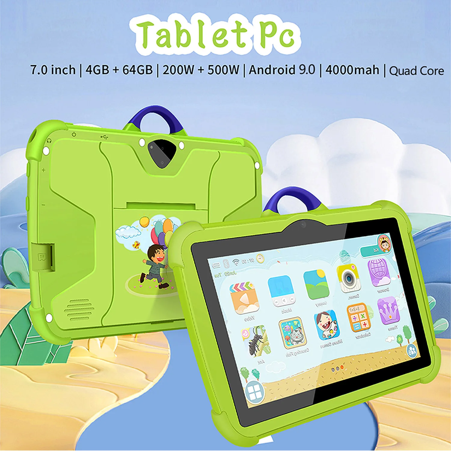 Google Play Android Tablet para crianças, Quad Core, 4GB de RAM, 64GB ROM, WiFi, Bluetooth, barato e simples, presentes para crianças, 7 polegadas, Novo