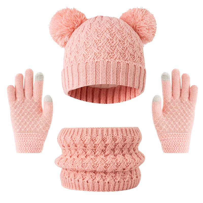 Conjunto de chapéu, cachecol e luva para crianças de 3 a 12 anos, chapéu de inverno engrossado para crianças com boné de malha com padrão colorido de floco de neve