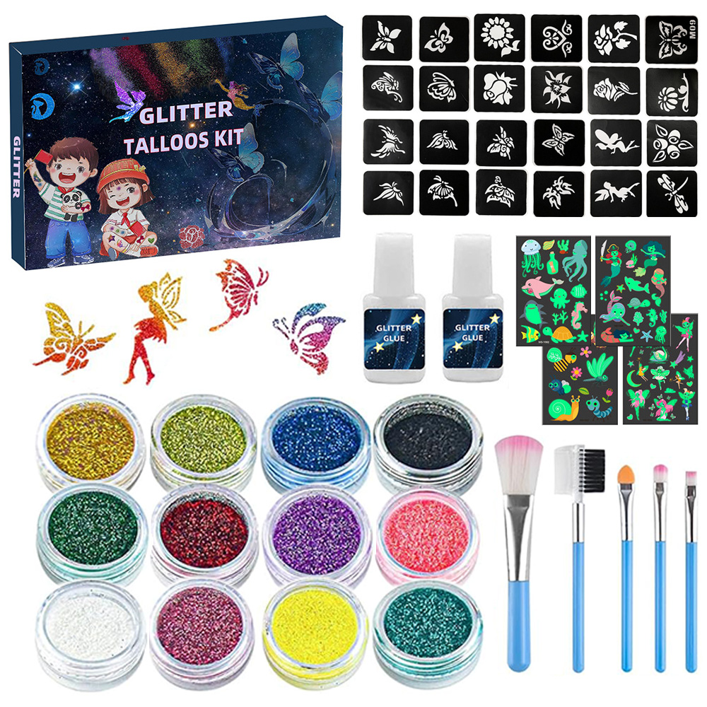 Kit de tatuagem temporária com glitter, 12 cores, para crianças, com 24 estênceis, adultos, meninas, meninos, artes, glitter, kit de maquiagem, lindo presente de feriado