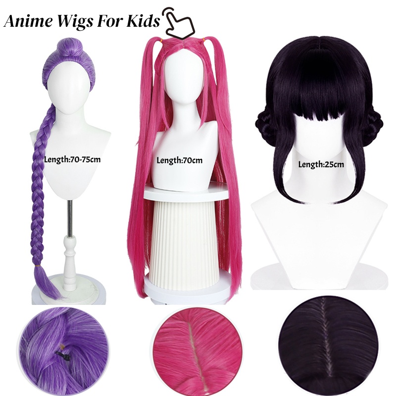 Kpop Girls Anime Cosplay Wigs Purple Long Braid Hair for Women Wig Short Black Wig with 2 Buns for Halloween Party Costume