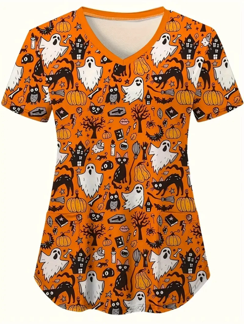 Halloween uniforme médico mulher abóbora fantasma impressão 3d verão casual com decote em v com bolsos enfermeira moda manga curta esfrega mulher