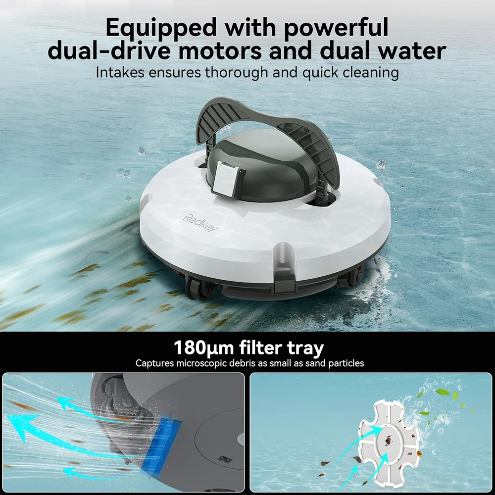 【Code:BTSIT10】Redkey S100 Cordless Robot Pulitore per Piscina Aspirapolvere IPX8 Impermeabile 5200mAh Ricarica 130 Minuti Auto-Parking Pulitore per Piscina