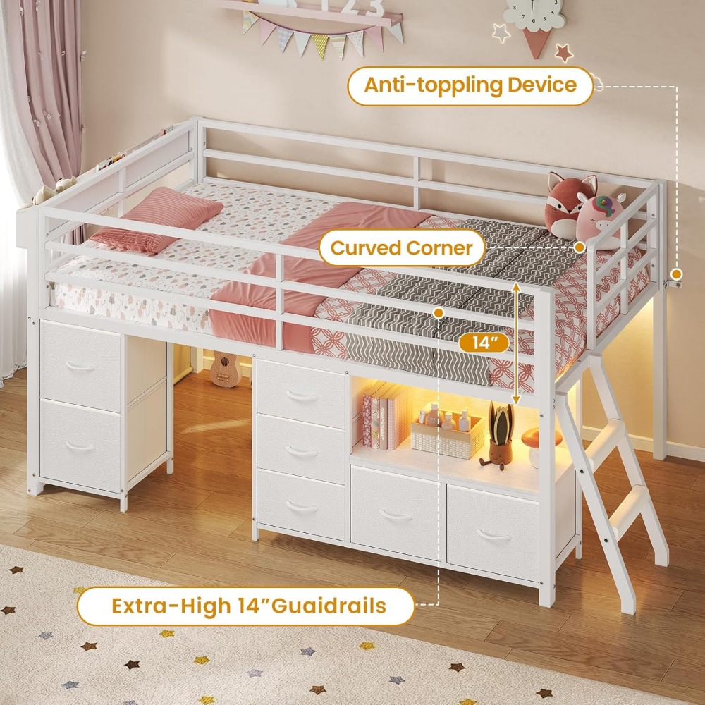 twin size metal loft bed with 7 drawers, bookcase, led lights, and 14" safety rail