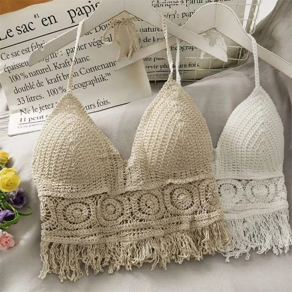 Ropa interior bohemia con flecos y espalda descubierta para mujer, ropa interior con cuello Halter y lazo, chaleco con tirantes y borlas bordadas, camiseta sin mangas corta