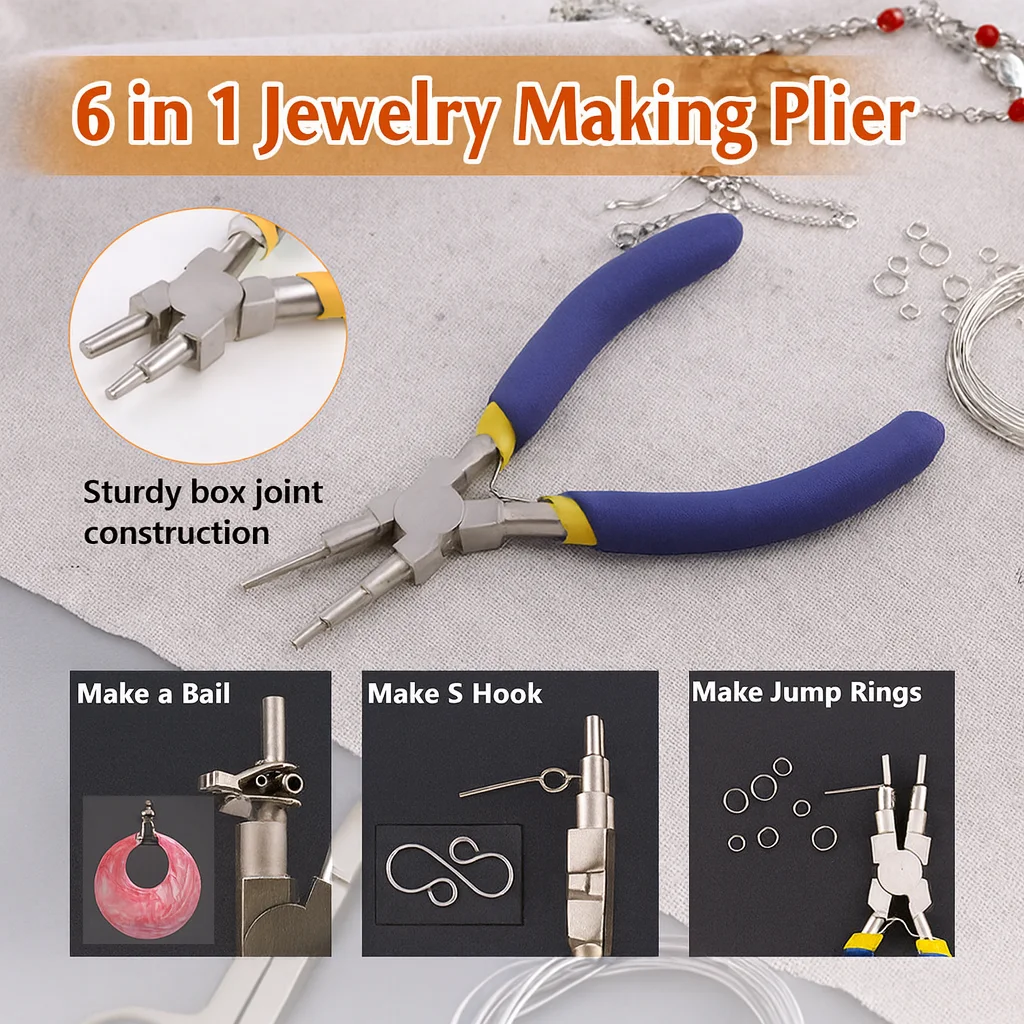 Pinza per gioielli a becchi tondi in acciaio al carbonio 6 in 1, strumento fai da te multifunzione per ganci per orecchini, braccialetti, collane, riparazioni e artigianato