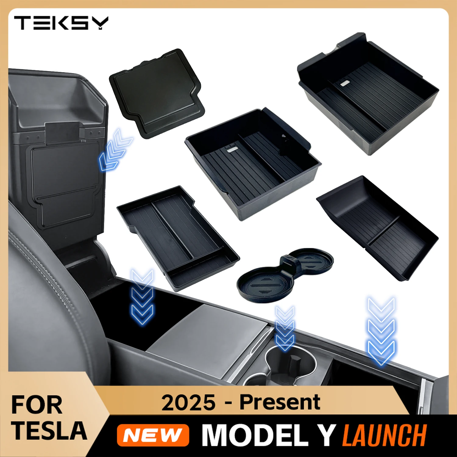 Dla Tesla New Model Y 2025 Launch Juniper ABS z silikonową matą antypoślizgową Konsola i podłokietnik Schowek Górny i Dolny Kubek na wodę