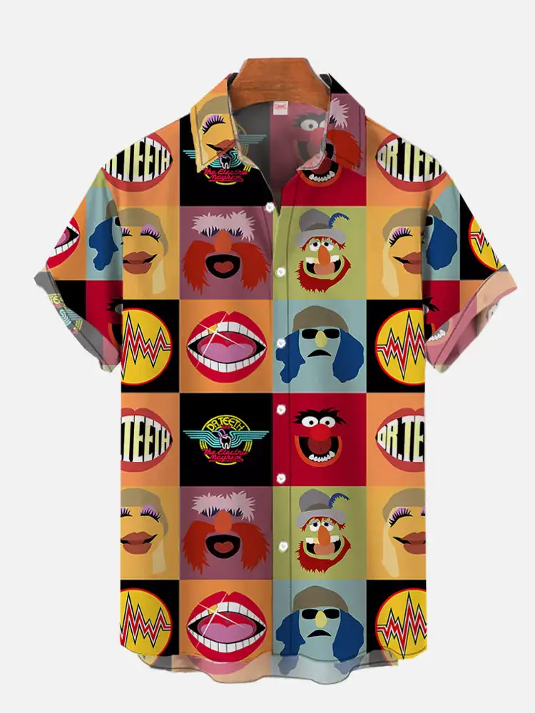 Abstract mid-century modern style colorful geometric color block print chest pocket short-sleeved shirt large size S-5XL