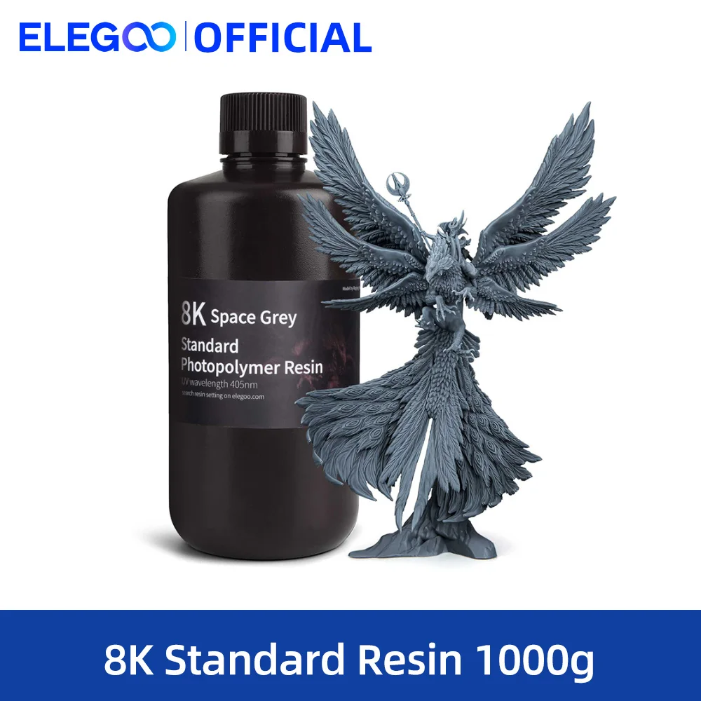 Смола для 3D-принтера ELEGOO 8K, 405 нм, стандартная фотополимерная смола, УФ-отверждаемая смола, лучшая для 3D-принтера SATURN 2 8K, космический серый 1000 г