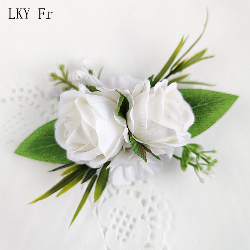 White Boutonniere Wedding Accessories Groom Buttonhole Wrist Corsage Brooch Flowers Artificial Silk Roses Bridesmaids Bracelets