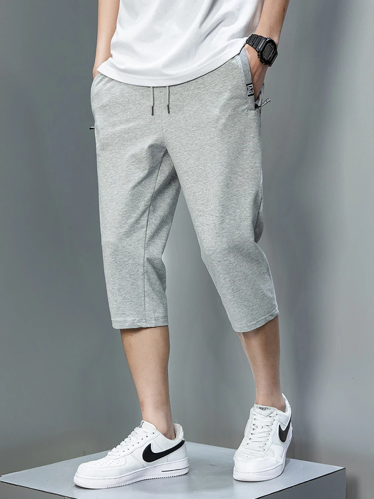 Verão zip bolsos suor shorts masculino roupas esportivas 3/4 capris calças de algodão respirável calças retas calças curtas tamanho grande 8xl