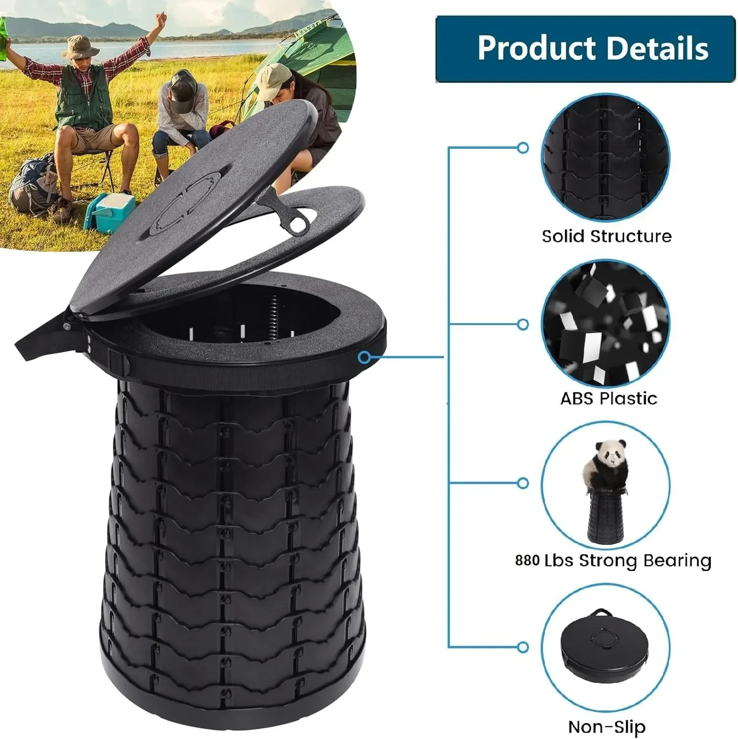 Upgrade Retractable Portable Toilet for Camping, 50CM/19.7" Height Adjustable Foldable Camping Toilet with Lid for Travel &Car