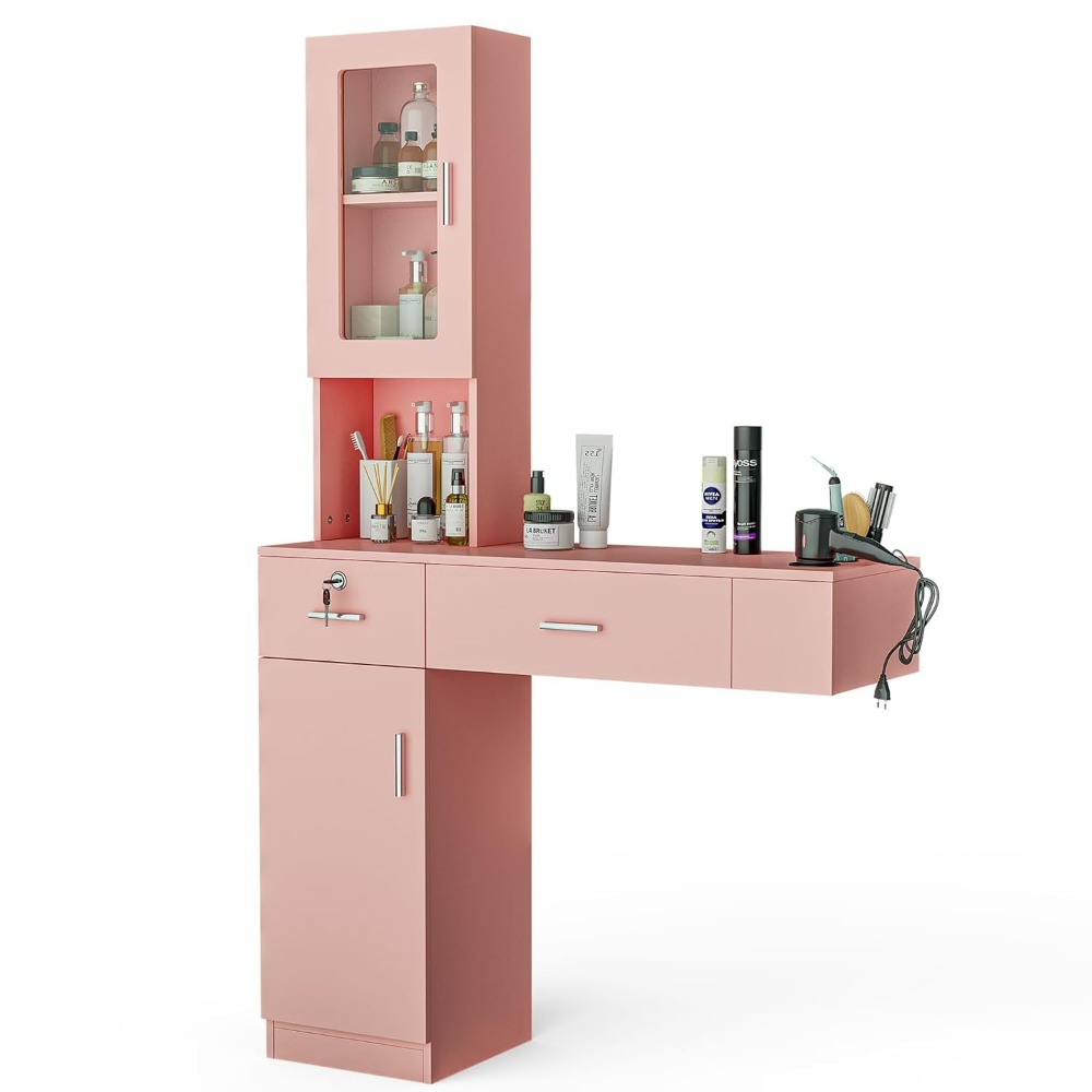 Wall Mount Barber Stations, Hair Styling Equipement Set with a Storage Cabinet, 2 Drawers and a 3 Tier Shelf w/Glass Door