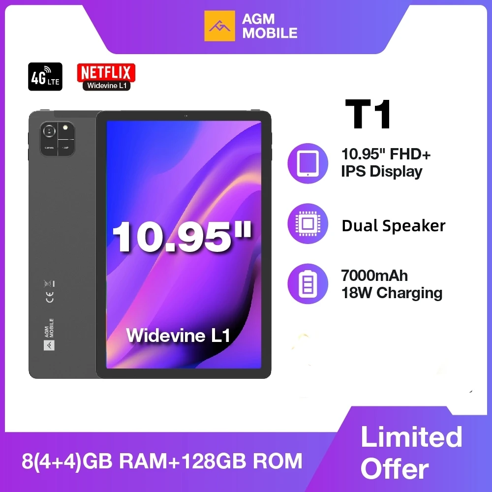 AGM PAD T1 Tablet 10.95 inch 1200*1920 FHD+ Screen  8（4+4）GB RAM 128GB ROM 4G LTE Android 14 Unisoc T606 Tablets Widevine L1