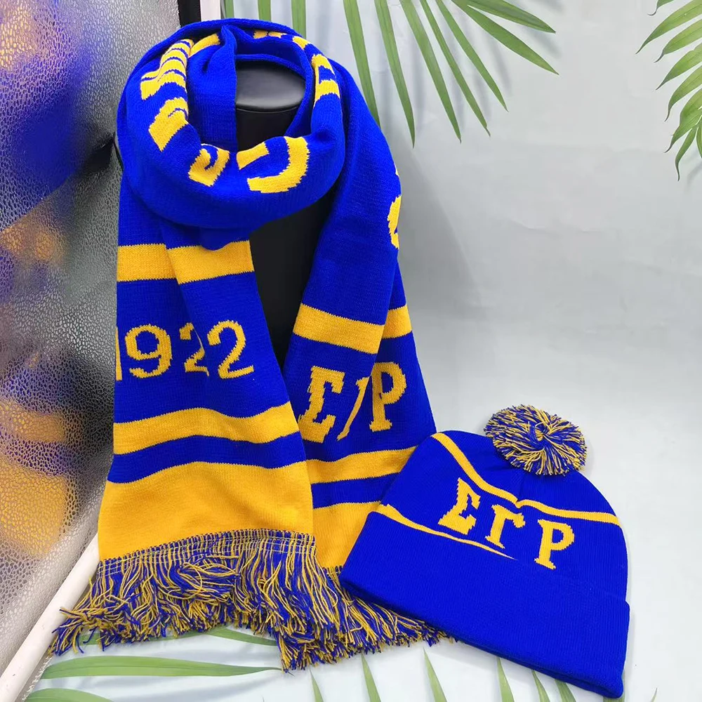 Sigma Gamma Rho Carta griega 1922 Sorority Hermanas Fiesta Invierno Amarillo Azul Bufanda Conjunto de sombrero
