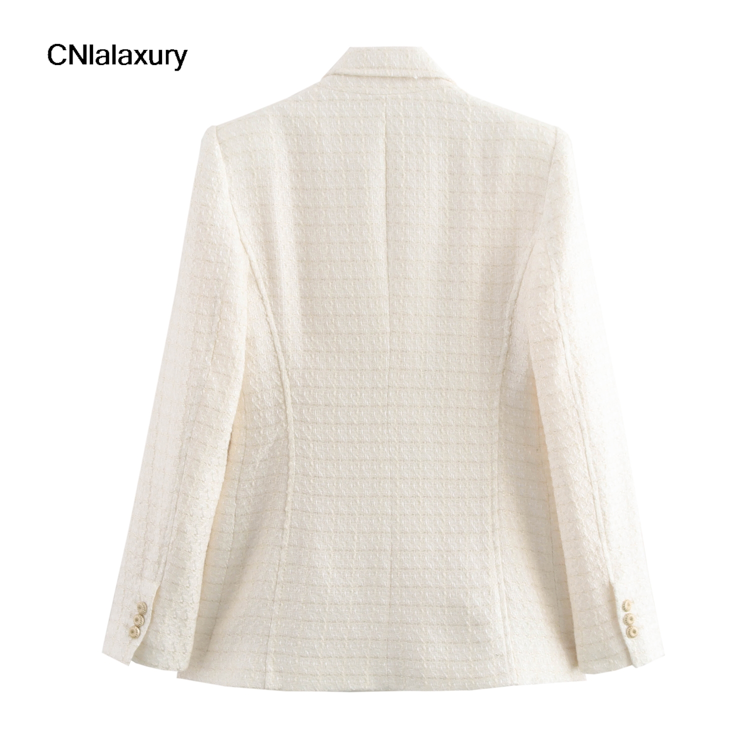 Beige Tweed Blazer for Women Coats Double-Breasted Pockets Suit Jackets Office Lady Elegant Outerwears Notched Collar Jackets