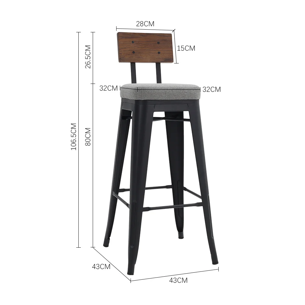 2Pcs Metal Breakfast Bar Stools with Cushions and Backrest,Grey