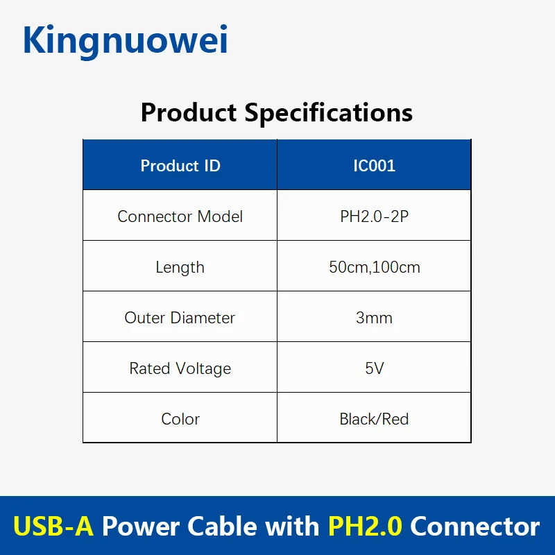 USB-A Power Cable with PH2.0 Connector USB-A to PH2.0 2Pin Power Cable
