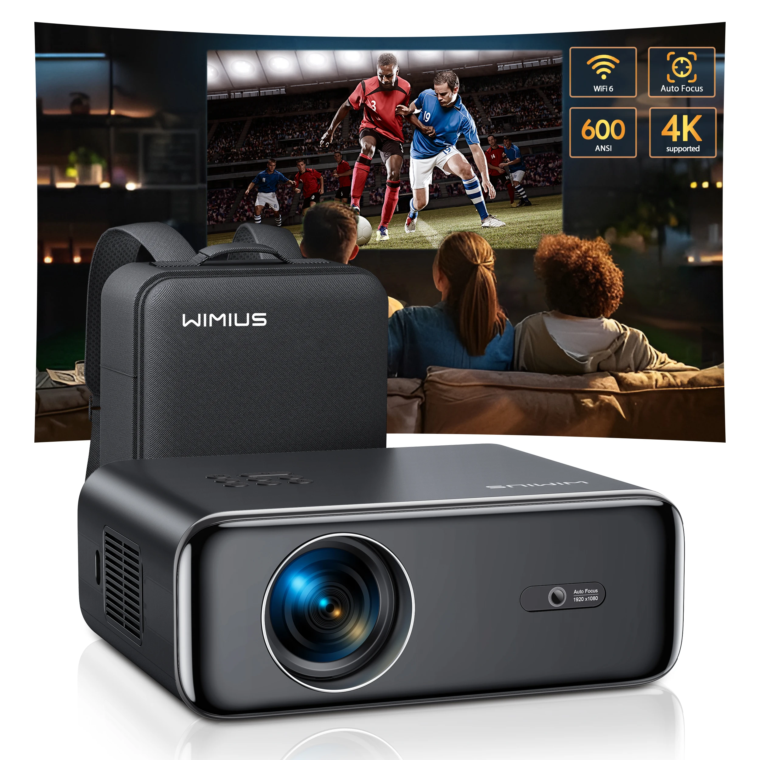 Wimius-Projektor, 26000 Lumen, 4K-Projektor, Full HD 1080P Autofokus/Keystone-Projektor mit WiFi 6 Bluetooth-Heimkino