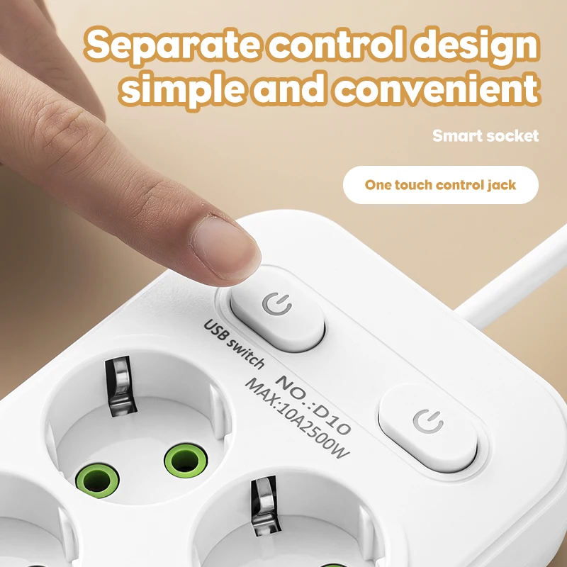 EU ปลั๊ก AC Outlets Multitap ซ็อกเก็ต 2M สายไฟไฟฟ้า Power Strip พร้อม USB Type C Fast CHARGING Network FILTER ADAPTER