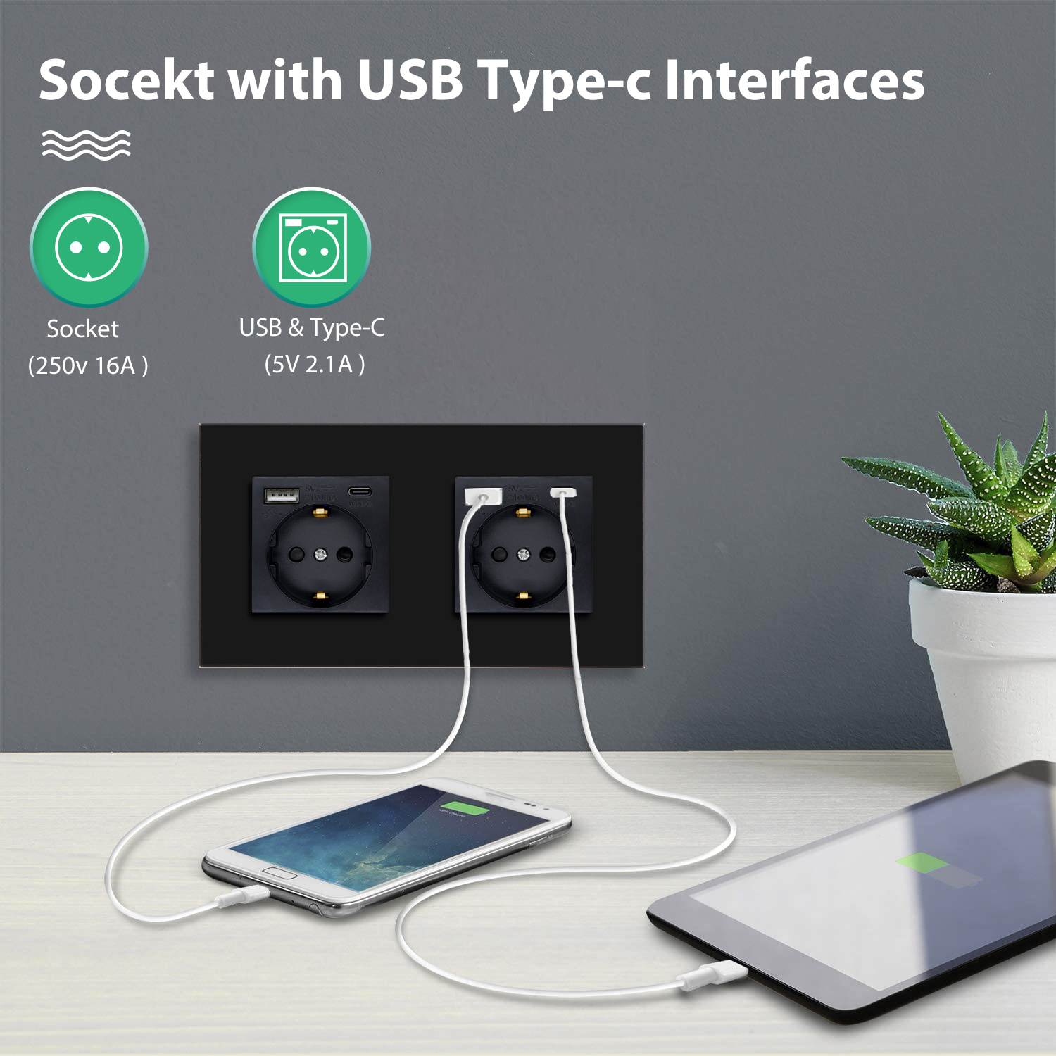 BSEED Одинарная стеклянная розетка европейского стандарта с настенными USB-розетками Двойные электрические розетки Тройные розетки Порты USB Type-C Черный 16A