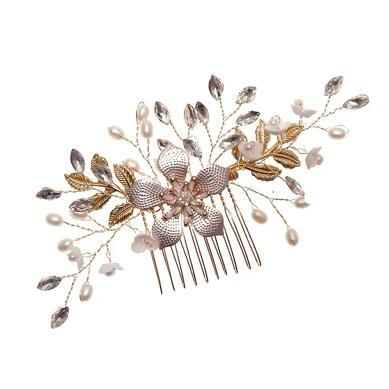 Braut Hochzeit Perle Blume Haarnadel Seite Kamm Goldene Blatt Geformt Legierung Tiaras Einsatz Schmuck Kamm Haar Schmuck Braut Kopfbedeckungen