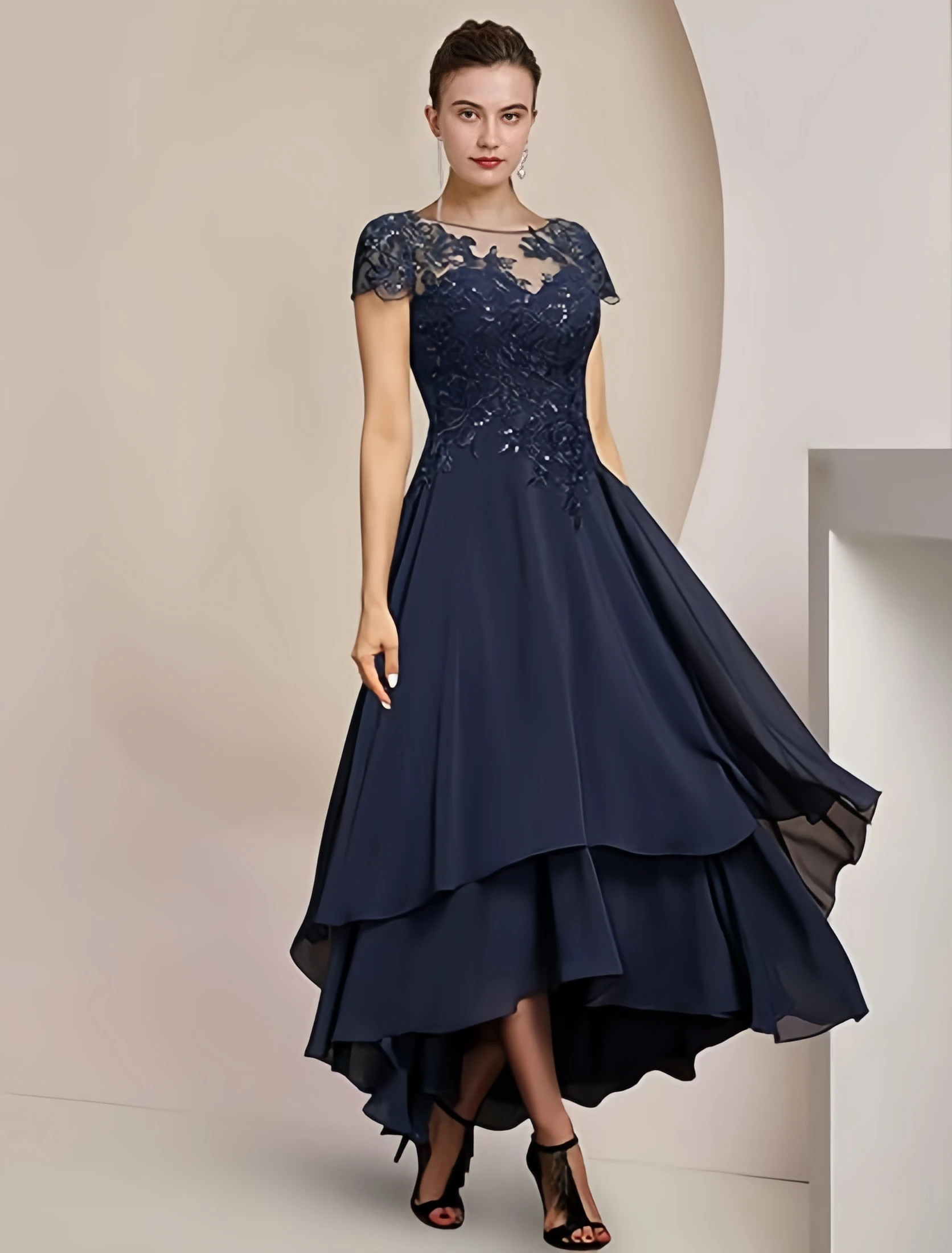 TXxuelian Spitze Mutter der Braut Kleider für Hochzeit Kurzarm Rüschen Chiffon Abendkleid Tee Länge Frauen Formales Kleid