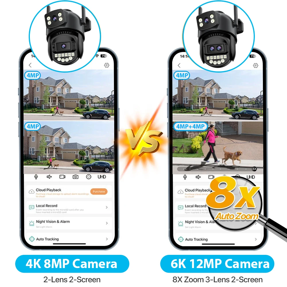 Cámara Wifi para exteriores 6K 12MP PTZ 8X Zoom óptico tres lentes pantallas duales videovigilancia 8MP lente Dual CCTV cámara IP de seguridad