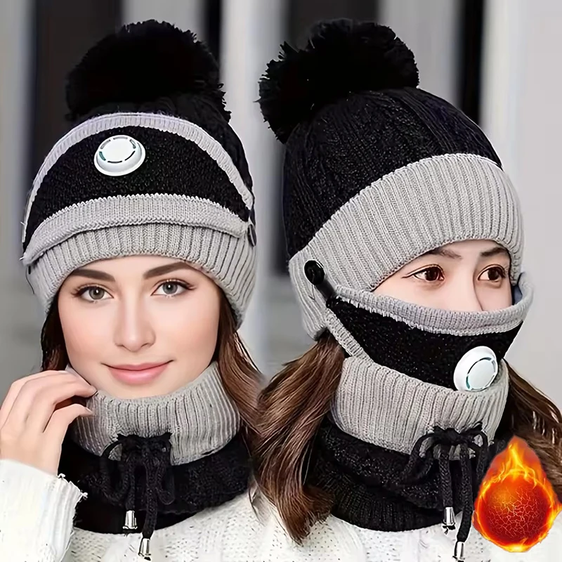 Conjunto de 3 piezas de bufanda y sombrero cálidos para mujer, moda de invierno, tejido estampado, válvula de ventilación amigable con la piel, accesorio cálido para las orejas, 3 uds.