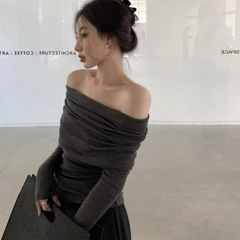 女性用長袖ニットセーター,片方の裸の肩,大きな襟,裸の肩,優しい気質,秋,冬,132