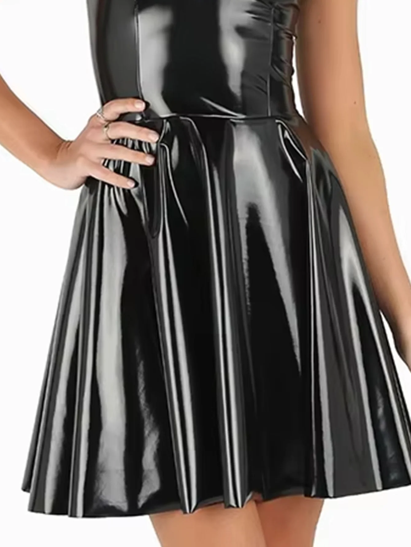 Frauen Glänzend Schwarz Kunstleder Plus Größe Plissee Kleider Damen Shiny PVC Mode Kleid 4XL 5XL 6XL Neue Heiße Kleidung