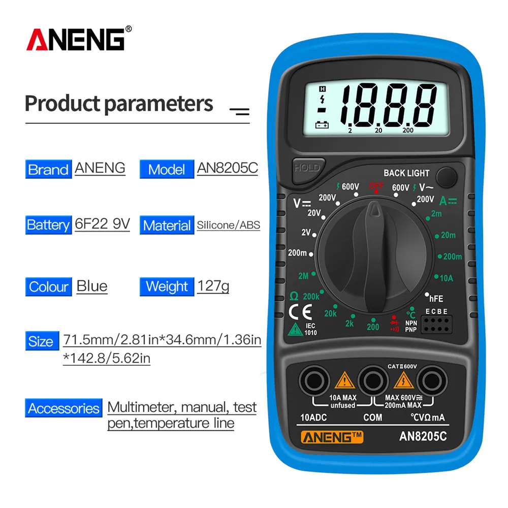 ANENG AN8205C สมาร์ทเครื่องทดสอบมัลติมิเตอร์ Ohmmer การทดสอบแรงดันไฟฟ้าแบบพกพาแรงดันไฟฟ้าเครื่องมือ Multimetro