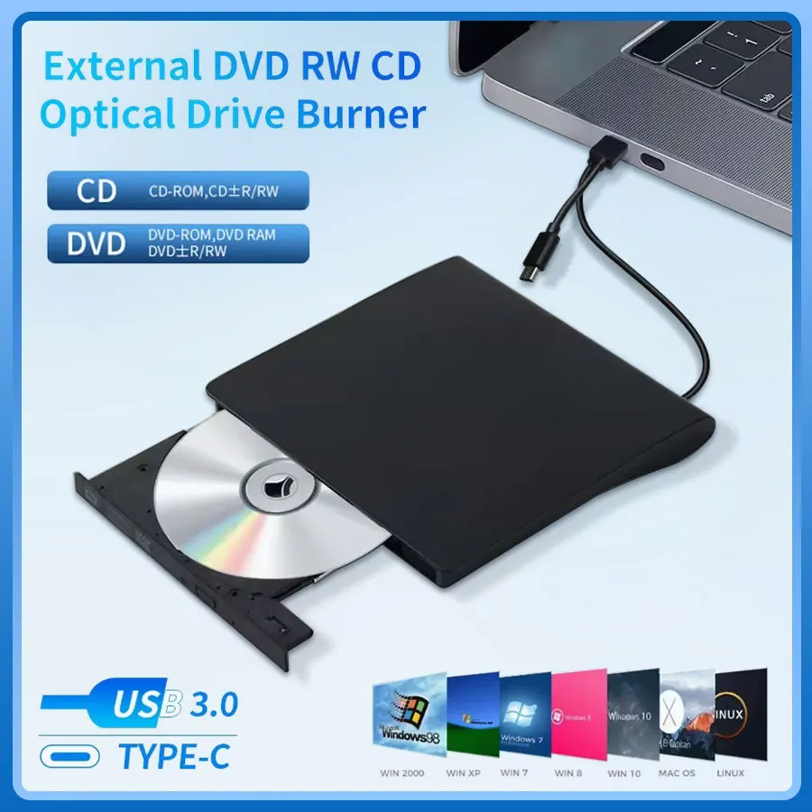 USB 3.0 Typ-C DVD-Brenner 2-in-1 Slim Externer Recorder Tragbarer CD-RW DVD-ROM Optische Laufwerke Schriftsteller Lesegerät Player für PC Laptop