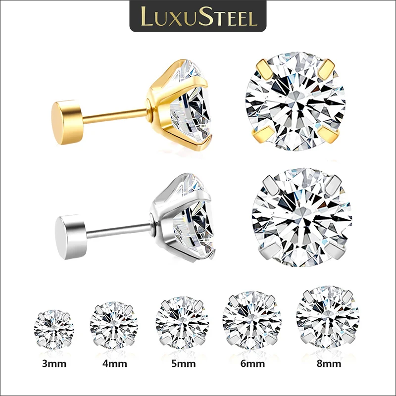 LUXUSTEEL, 1 par/2 uds., pendientes de cristal de acero inoxidable para mujeres y hombres, joyería para las orejas de circonia cúbica transparente redonda de 4 puntas para el trago