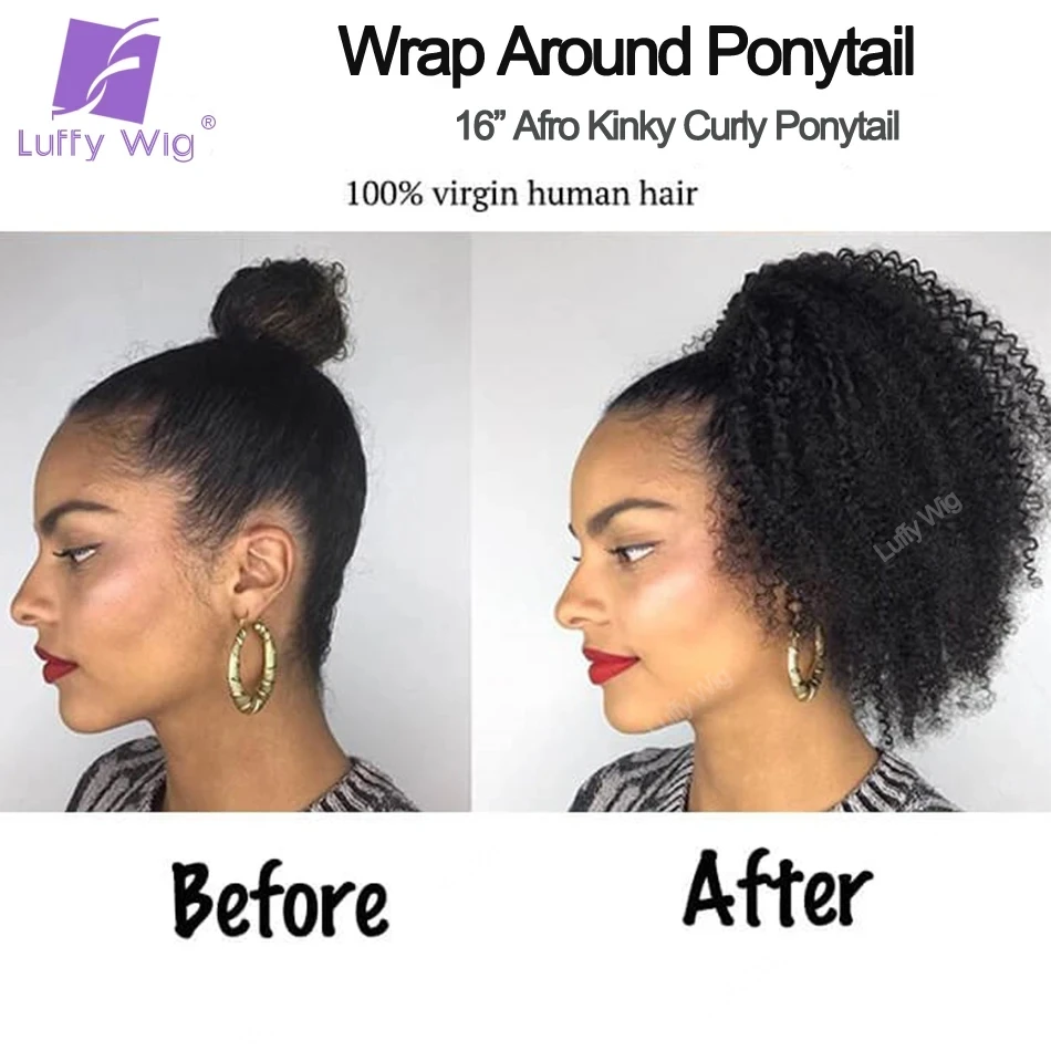 Extensiones de cabello humano con cola de caballo, cabello Remy mongol, Afro, rizado, envoltura alrededor de poni para mujeres negras, Luffy