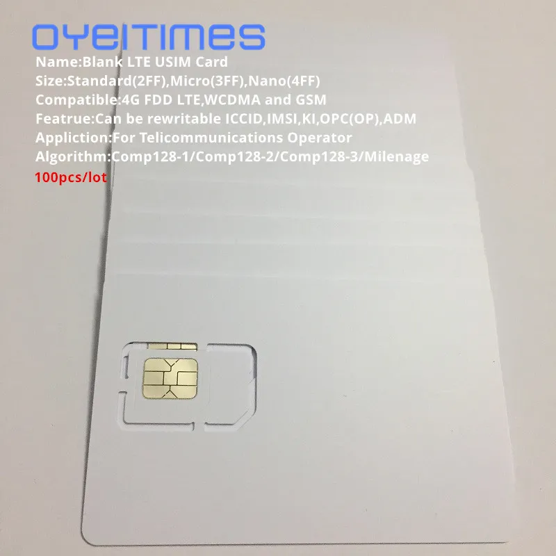100 unids/lote tarjeta SIM USIM en blanco programable grabable 4G LTE WCDMA GSM Nano tarjeta Micro SIM con Micro Nano tamaño 2FF 3FF 4FF 3 en 1