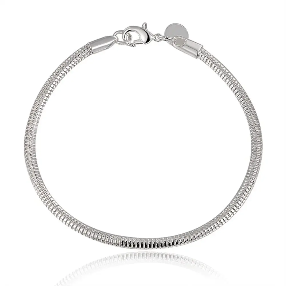 Plata de Ley 925, cadena de serpiente de 3mm, pulsera básica de 8 pulgadas para mujer, abalorio, joyería de fiesta de compromiso de boda
