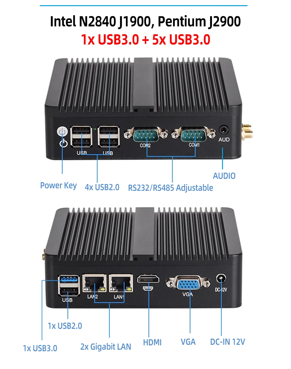 Mini PC industrial sem ventilador Intel Celeron J6412 J4125 J1900 2x COM RS232 RS485 2x GbE LAN 6x USB WiFi 4G LTE SIM Windows Linux