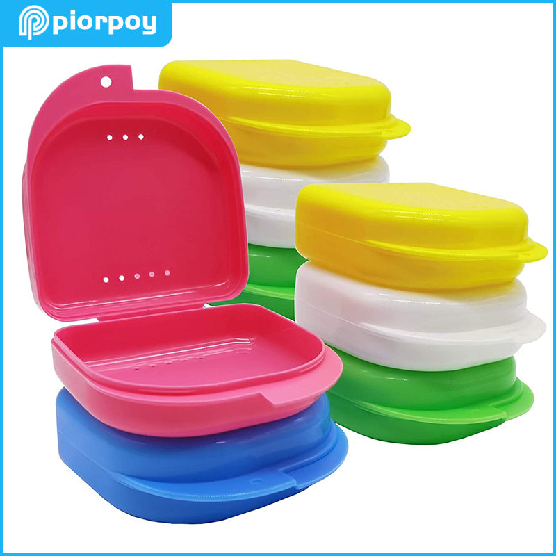 PIORPOY Colorful Denture Cleaning Box Plastic Mouthguard Retainer Case with Vent Holes False Teeth Appliance Container Oral Care